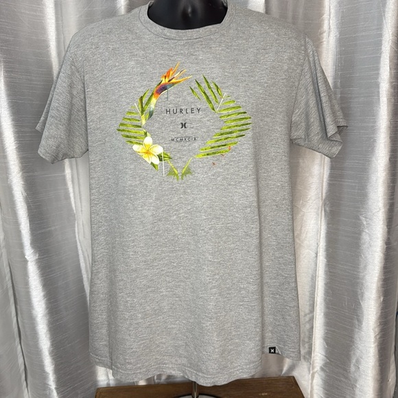 Hurley Premium Fit Men’s L Gray Short Sleeve T Shirt Palm Flower Logo Front - Picture 2 of 8